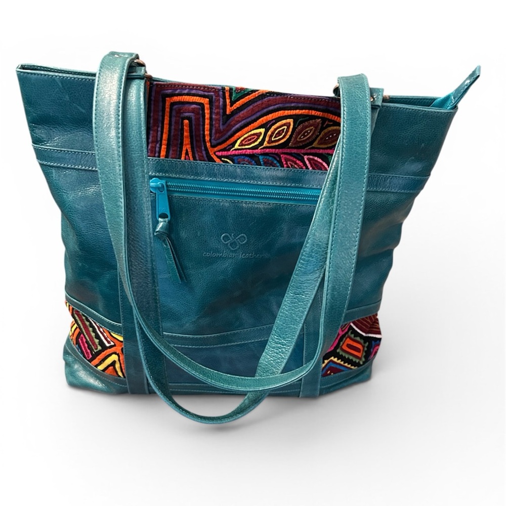 Handcrafted Columbian Leather Teal  Tote with Colorful Embroidered Accents